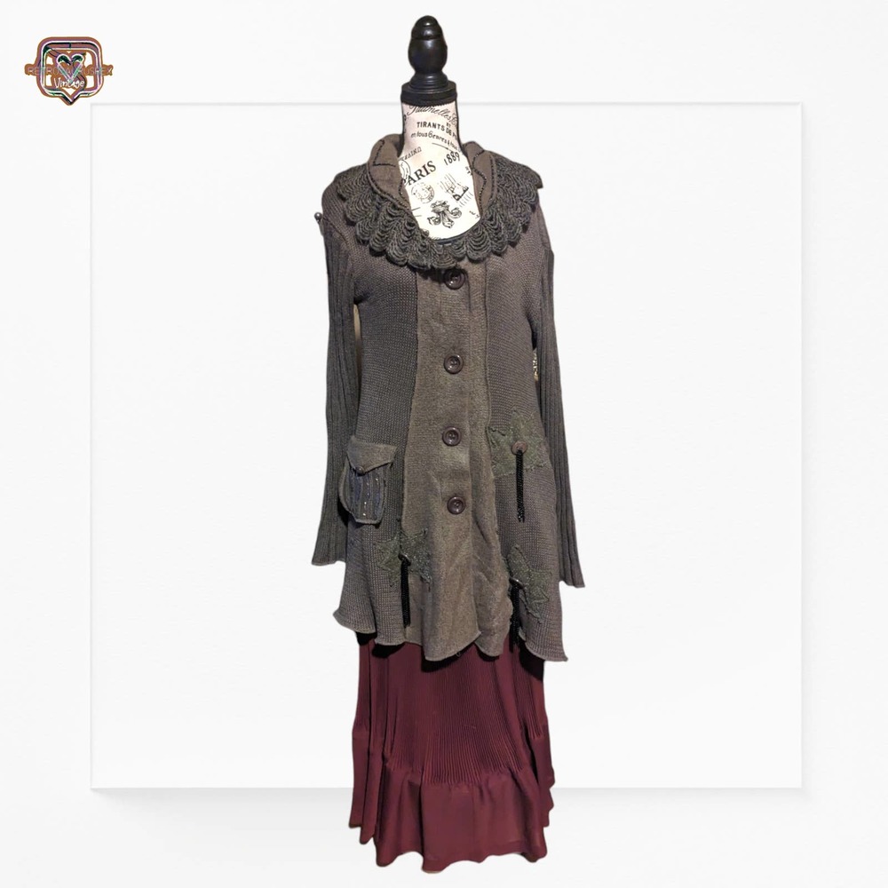 Fantazia Lagerlook Wool Patchwork Knit Oversized Cardigan Sweater, Medium - Picture 9 of 11